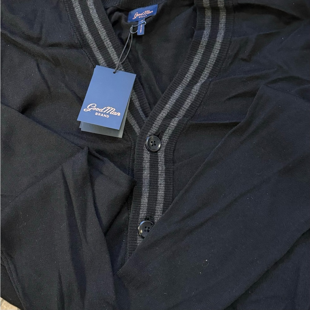 NWT GoodMan brand black button up sweater, size M